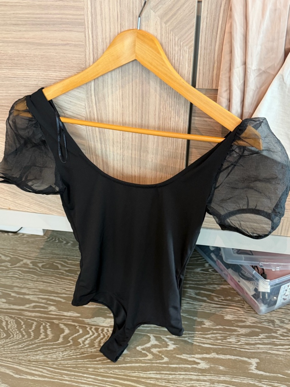 Sheer Puff Sleeve Black Bodysuit - Women Tops dynamite XS